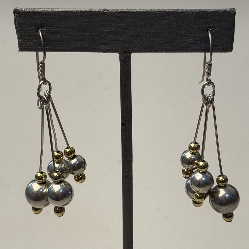 Vintage Sterling Silver 2 Tone Dangle Beaded Earrings Italy